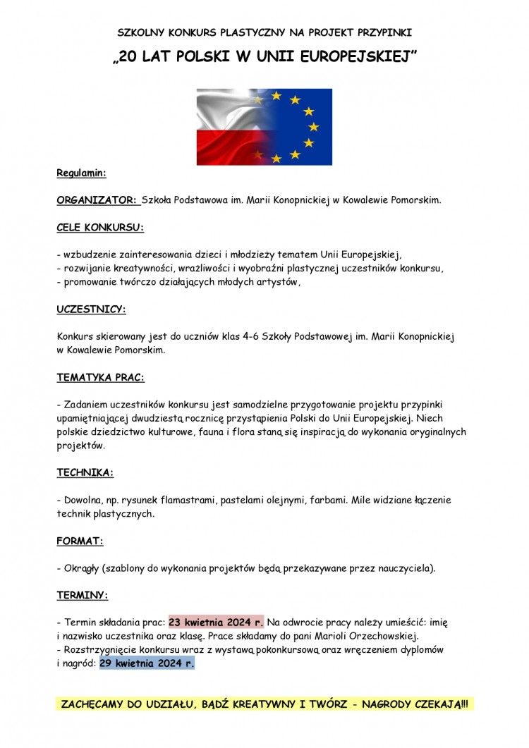 Regulamin konkursu 20 lat Polski w EU przypinka page 0001